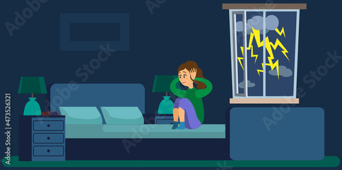 Stressed girl covers ears with hands sitting at home while it rains outside window with thunderstorm. Woman is afraid of loud sounds, fear lightning. Acoustic phobia, female with scared face emotion