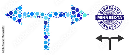 Round dot mosaic bifurcation arrows left right icon and MINNESOTA round unclean stamp. Blue stamp seal includes MINNESOTA caption inside circle and guilloche technique.