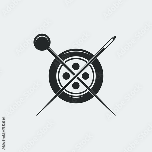 Sewing studio logo template. Crossed needle with pin and button. Graphic sign isolated on white background. Tailoring symbol. Vector illustration
