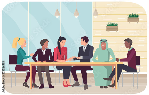 Businesspeople have project strategy planning meeting. Teamwork with business plan, creating new creative project. Meeting to discuss starting business. Colleagues discussing work in entrepreneurship