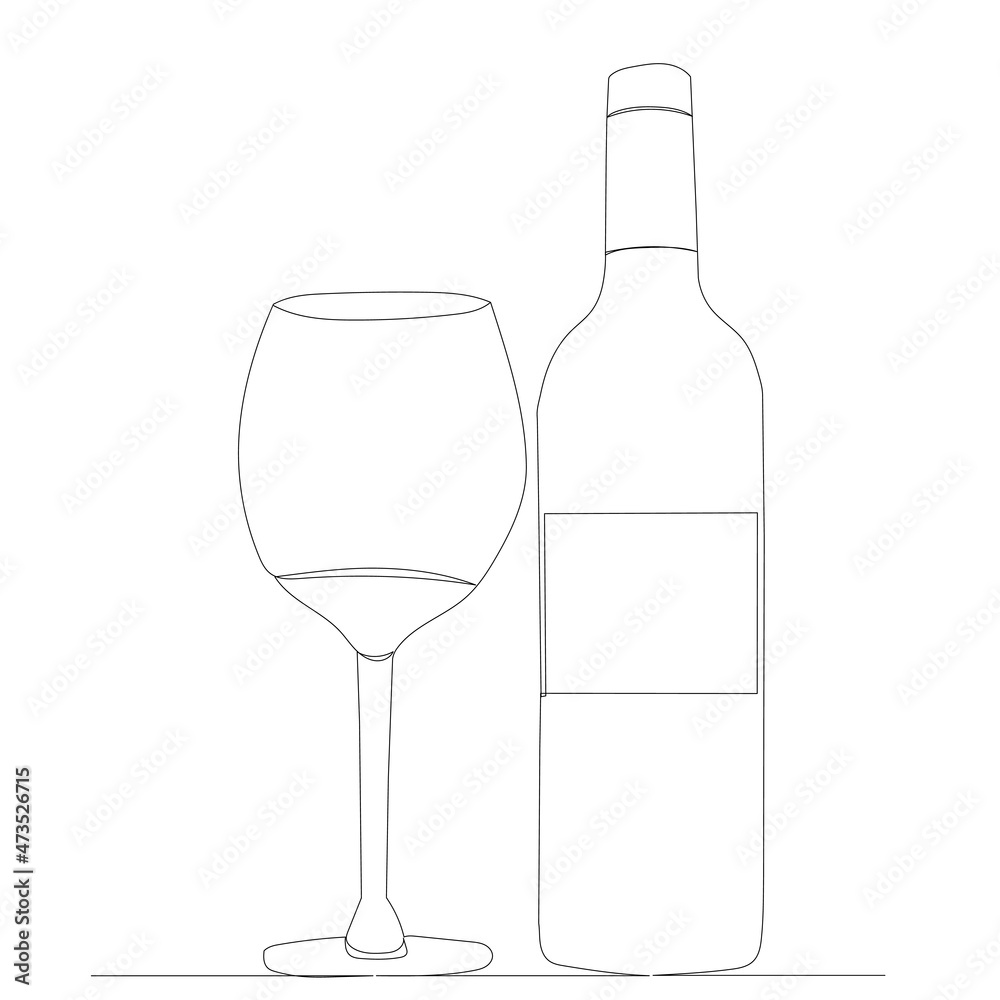 bottle with glass, continuous line drawing, sketch bottle with glass, continuous line drawing, sketch