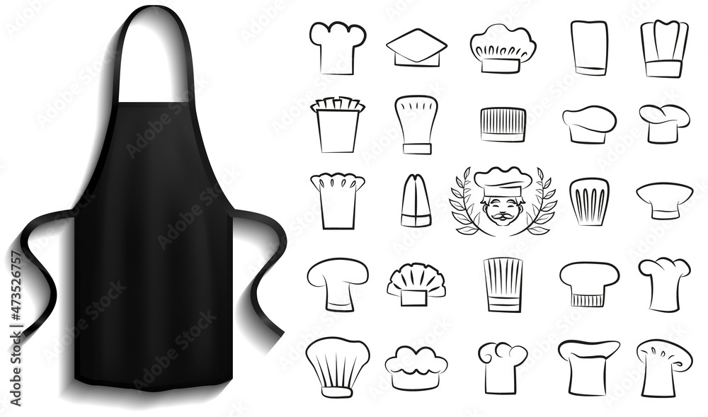 Black aprons near cooking symbols. Clothes for work in kitchen, protective element of clothing for cooking. Chef clothing with long straps. Aprons next to icons of kitchen utensil, toque - obrazy, fototapety, plakaty 