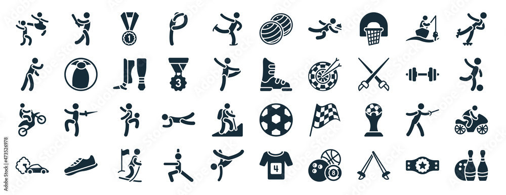 set of 40 filled sports web icons in glyph style such as home run, man threating with his fist, motocross, drift car, weighted bars, skating, gym ball icons isolated on white background