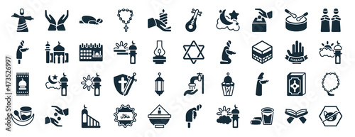 set of 40 filled religion web icons in glyph style such as muslim praying hands, muslim man praying, islamic praying carpet, fasting, haram, islamic friday prayer, oud icons isolated on white