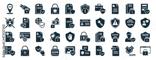 set of 40 filled gdpr web icons in glyph style such as pendrive, decision making, complaint, data storage, fingerprint, plain, alert icons isolated on white background