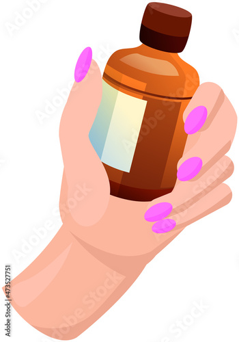 Glass bottle with brown medicine in woman hand. Medicine, healing liquid, antibacterial substance in container. Iodine, wound care fluid, disinfectant. Brown sanitizer liquid in glass bottle