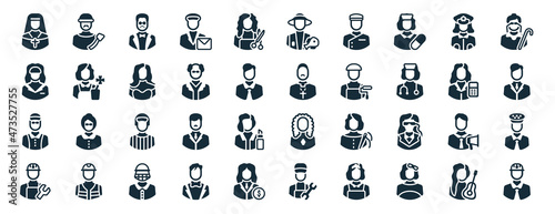 set of 40 filled professions web icons in glyph style such as lumberjack, secretary, director, mechanical engineer, mathematician, pensioner, fisherman icons isolated on white background