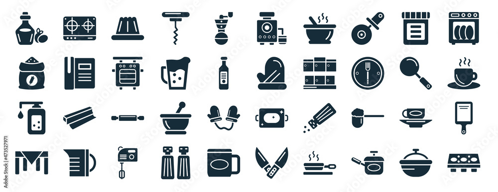 set of 40 filled kitchen web icons in glyph style such as stove, flour, soap dispenser, tablecloth, skillet, dishwasher, juicer icons isolated on white background