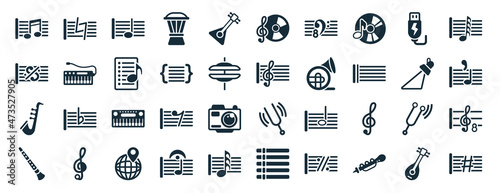 set of 40 filled music and media web icons in glyph style such as natural, segno, jazz, clarinet, music spotlight, hemidemisemiquaver, music record icons isolated on white background