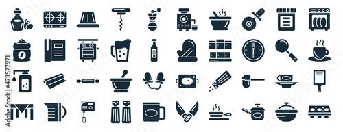 set of 40 filled kitchen web icons in glyph style such as stove, flour, soap dispenser, tablecloth, skillet, dishwasher, juicer icons isolated on white background photo