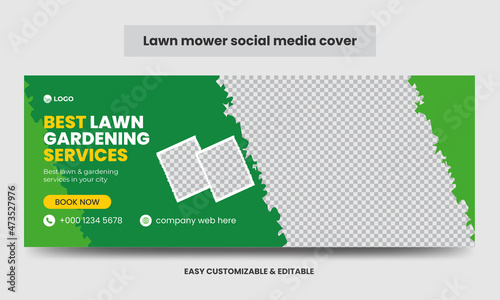 Lawnmower Promotion Social Media Cover Photo Design Template. Mowing Service Social Media Timeline Web Banner