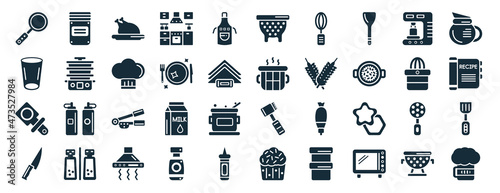 set of 40 filled kitchen web icons in glyph style such as jar, glass, bottle opener, steak knife, squeezer, coffee pot, nder icons isolated on white background