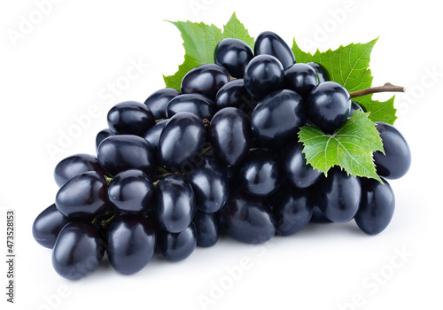 Black grape isolated on white. Fresh dark blue grape with leaves. Clipping path. Full depth of field.