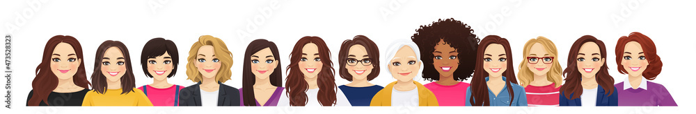 Portrait of multicultural multiethnic group of different casual business women isolated vector illustration Portrait of multicultural multiethnic group of different casual business women isolated vector illustration