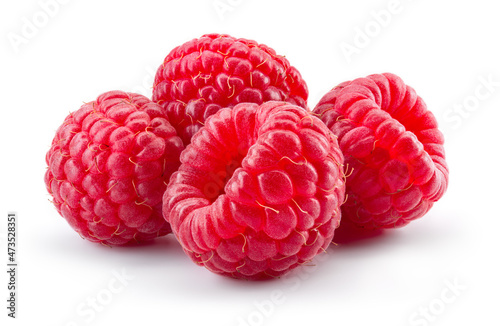 Raspberry isolated. Red raspberry on white background. Four fresh raspberries. Full depth of field.