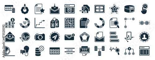 set of 40 filled user interface web icons in glyph style such as upload up, increasing stocks, open mail, polygonal chart of triangles, data connection, slide right, play files icons isolated on
