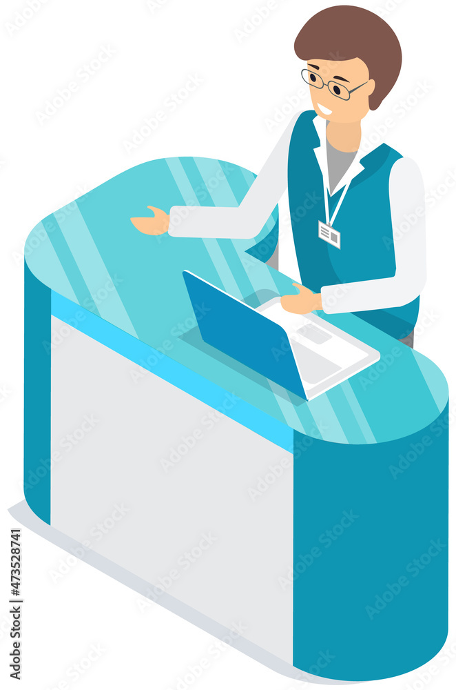 Man stands with laptop and talks. Promoter with computer and badge. Male character with glasses working on laptop and advertising. Working with technology, modern development isometric design