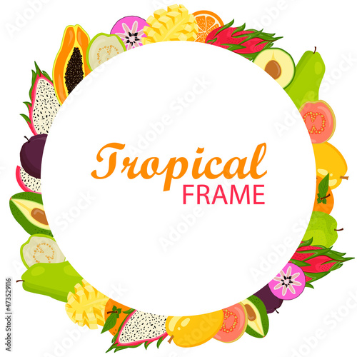 Tropical Hawaiian round frame with exotic fruits.Template design.