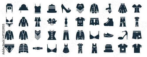 set of 40 filled clothes web icons in glyph style such as pamela, lingerie, tuxedo, underwear, pants, blouse, poncho icons isolated on white background
