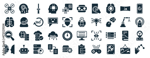 set of 40 filled augmented reality web icons in glyph style such as network, cookies, rearview mirror, turing test, mechanical arm, rotation, stereoscope icons isolated on white background photo