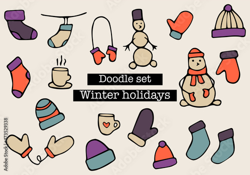 Christmas holidays set doodle illustration hand drawn style black and white socks hat snowman