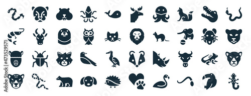 set of 40 filled animals web icons in glyph style such as cougar, prawn, alpaca, cheetah, rat, cottonmouth, elk icons isolated on white background