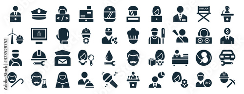 set of 40 filled professions web icons in glyph style such as captain, wind turbine technician, driver, pensioner, dj, politician, icons isolated on white background