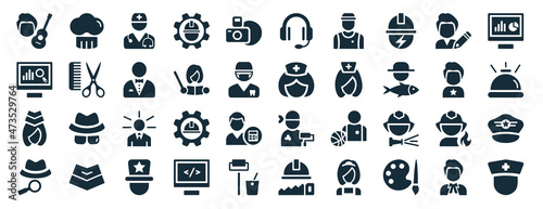 set of 40 filled professions web icons in glyph style such as cooker, actuary, stewardess, detective, superhero, computer systems analyst, callcenter icons isolated on white background