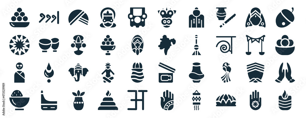 Obraz premium set of 40 filled india web icons in glyph style such as urdu, bihu, , curry, navratri, nut, varaja icons isolated on white background