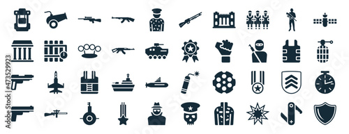 set of 40 filled army web icons in glyph style such as cannon, federal agency, pistol, gun, bulletproof, military satellites, shotgun icons isolated on white background