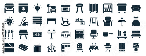 set of 40 filled furniture and household web icons in glyph style such as freezer, lamp, silverware, linens, dinner table, couch, stool icons isolated on white background