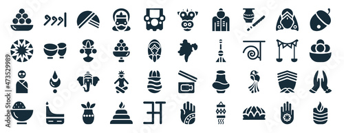 set of 40 filled india web icons in glyph style such as urdu, bihu, , curry, navratri, nut, varaja icons isolated on white background