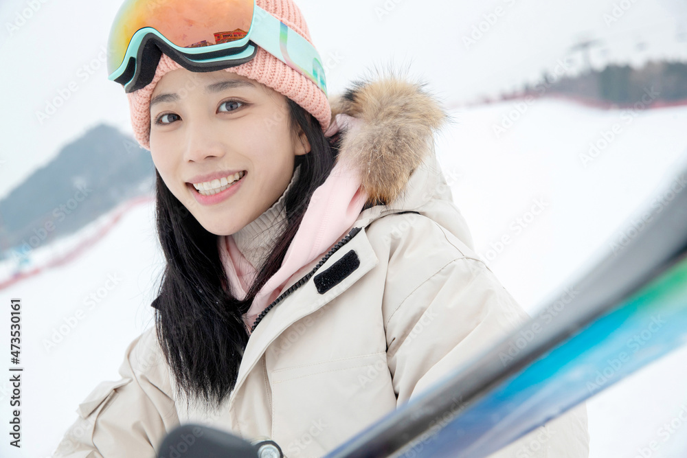the potrait of a young woman with snowboard the potrait of a young woman with snowboard