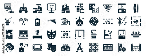 set of 40 filled entertainment and arcade web icons in glyph style such as game controller, magic cards, air hockey, gambling, dance, suroard, icons isolated on white background