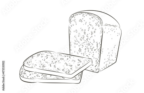 Vector sliced bread. The cut loaf of square toast bread for sandwich. Logo, icon. Sketch realistic line vintage illustration
