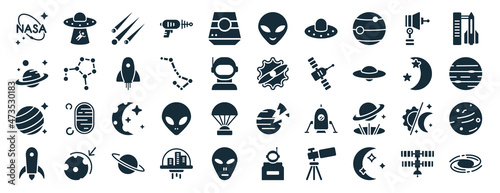 set of 40 filled astronomy web icons in glyph style such as abduction  astronomy  uranus with satellite  rocket start  big moon  liftoff  alien icons isolated on white background