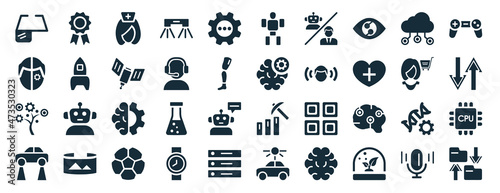 set of 40 filled artificial intelligence web icons in glyph style such as recognition, humanoid, technology tree, hover transport, shop assistant, gaming, exoskeleton icons isolated on white
