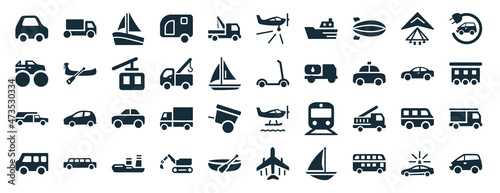 set of 40 filled transportation web icons in glyph style such as lorry, monster truck, hearse, minibus, automobile, electro car, crop duster icons isolated on white background