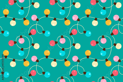 Christmas lights strings seamless pattern design, Retro colors Xmas cute circle led lamps background