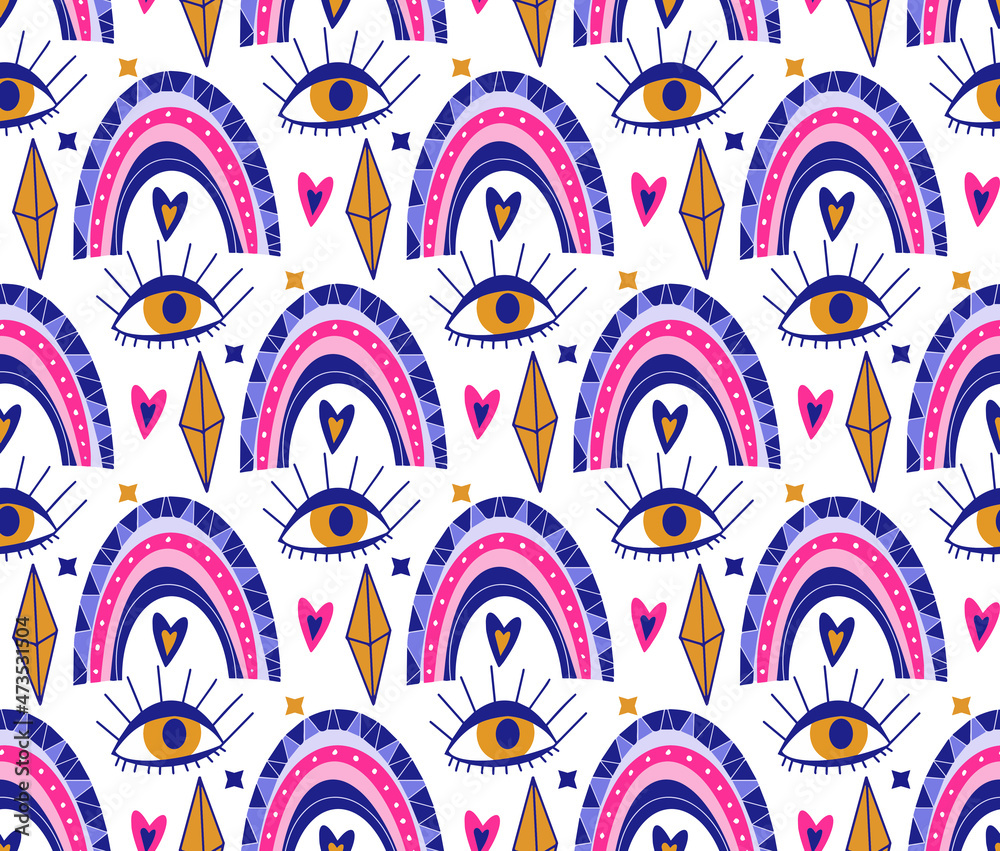 Mystic boho love modern abstract seamless pattern heart trend style. Valentine's day, romance endless texture, background, wallpaper, textile. Vector illustration Mystic boho love modern abstract seamless pattern heart trend style. Valentine's day, romance endless texture, background, wallpaper, textile. Vector illustration