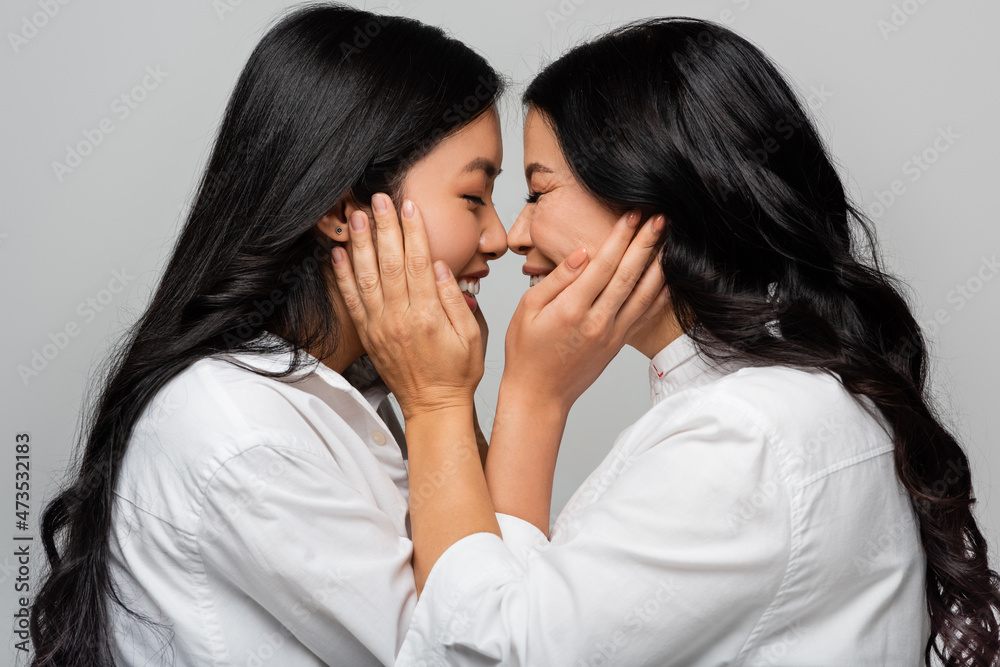 side view of cheerful asian mother and young adult daughter touching cheeks of each other isolated on grey side view of cheerful asian mother and young adult daughter touching cheeks of each other isolated on grey