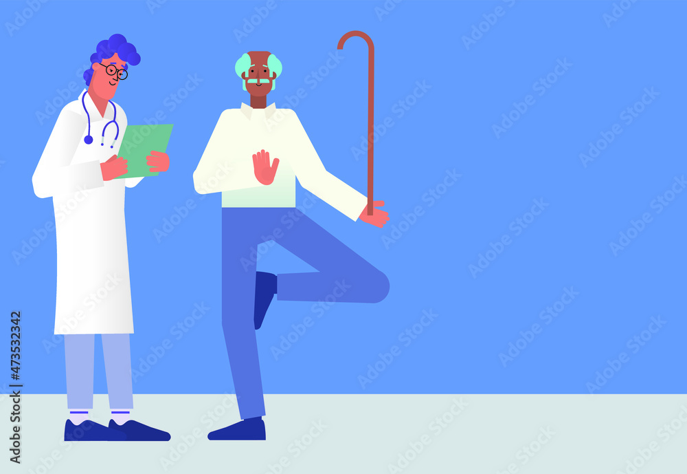 Active and healthy senior couple: cartoon woman doing yoga and man balancing on one leg with a walking stick. Cute and simple modern flat vector illustration Active and healthy senior couple: cartoon woman doing yoga and man balancing on one leg with a walking stick. Cute and simple modern flat vector illustration