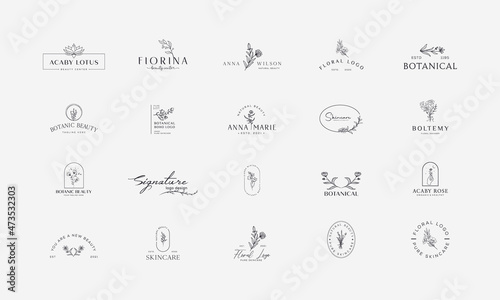 Set of Botanical Floral element Hand Drawn Logo with Wild Flower and Leaves. Logo for spa and beauty salon, boutique, organic shop, wedding, floral designer, interior, photography, cosmetic.
