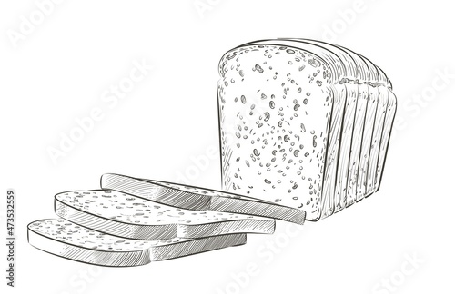 Vector sliced bread. The cut loaf of square toast bread for sandwich. Logo, icon. Sketch realistic line vintage illustration