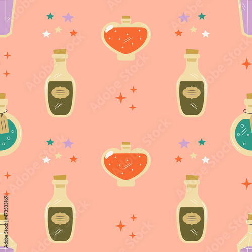 Seamless pattern with alchemy magic potions. Glass bottles with mystic love elixir background. Witch shop jars with colorful liquid vector for print, textile, wrapping paper, design
