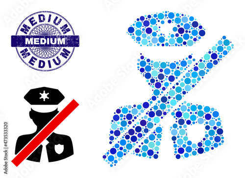 Round dot composition closed police patrol icon and MEDIUM round unclean stamp. Blue stamp seal includes MEDIUM text inside circle and guilloche structure.