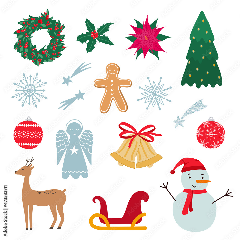 Christmas decorations set vector illustration. Winter holidays symbols collection. Design elements for xmas stickers, cards, poster, prints.