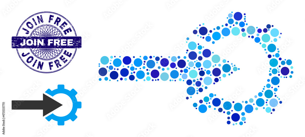 Round dot combination cog integration icon and JOIN FREE round dirty stamp seal. Blue stamp includes JOIN FREE title inside circle and guilloche technique. Round dot combination cog integration icon and JOIN FREE round dirty stamp seal. Blue stamp includes JOIN FREE title inside circle and guilloche technique.