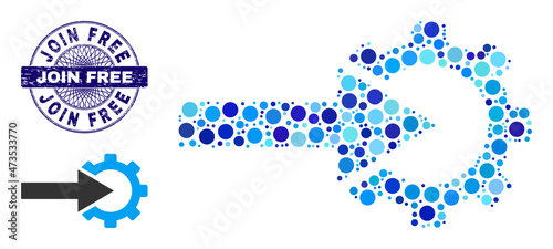 Round dot combination cog integration icon and JOIN FREE round dirty stamp seal. Blue stamp includes JOIN FREE title inside circle and guilloche technique.
