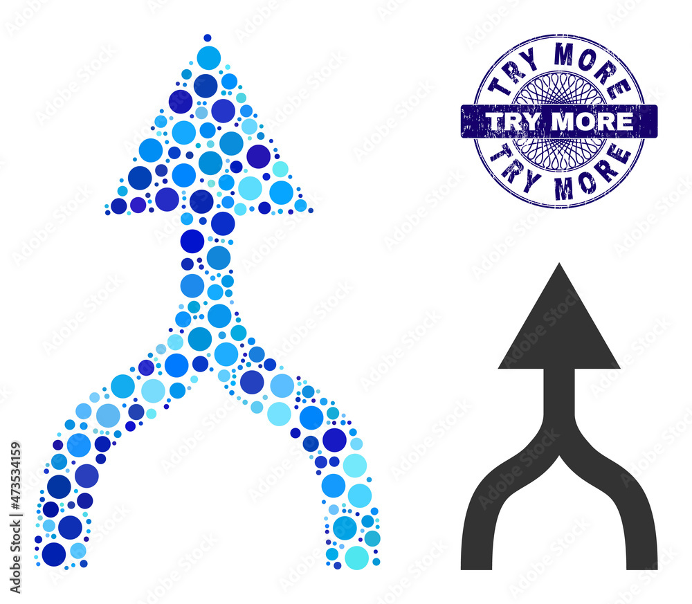 Round dot composition combine arrow up icon and TRY MORE round scratched stamp seal. Blue stamp seal includes TRY MORE title inside circle and guilloche decoration. Round dot composition combine arrow up icon and TRY MORE round scratched stamp seal. Blue stamp seal includes TRY MORE title inside circle and guilloche decoration.